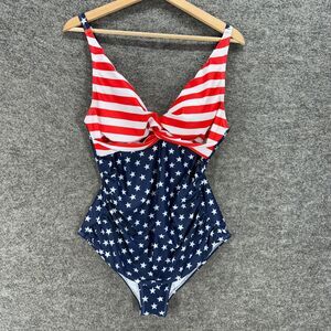 Unbranded Swimsuit Women XL Blue American Flag Print One Piece V-Neck Lined